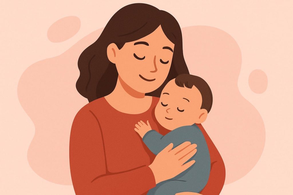 Frische Mama mit Baby auf dem Arm